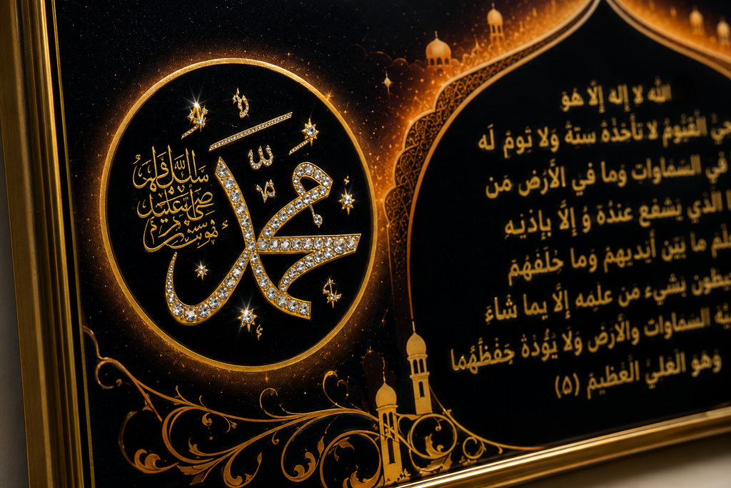 Luxury Ayatul Kursi Islamic Wall Art – Black Diamond Crystal Porcelain Painting (50 × 100 cm)