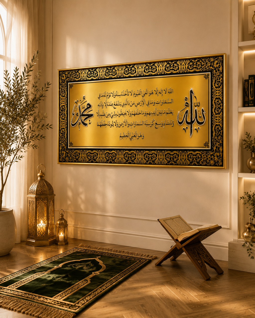 Luxury Ayatul Kursi Islamic Wall Art – Black Diamond Crystal Porcelain Painting (50 × 100 cm)