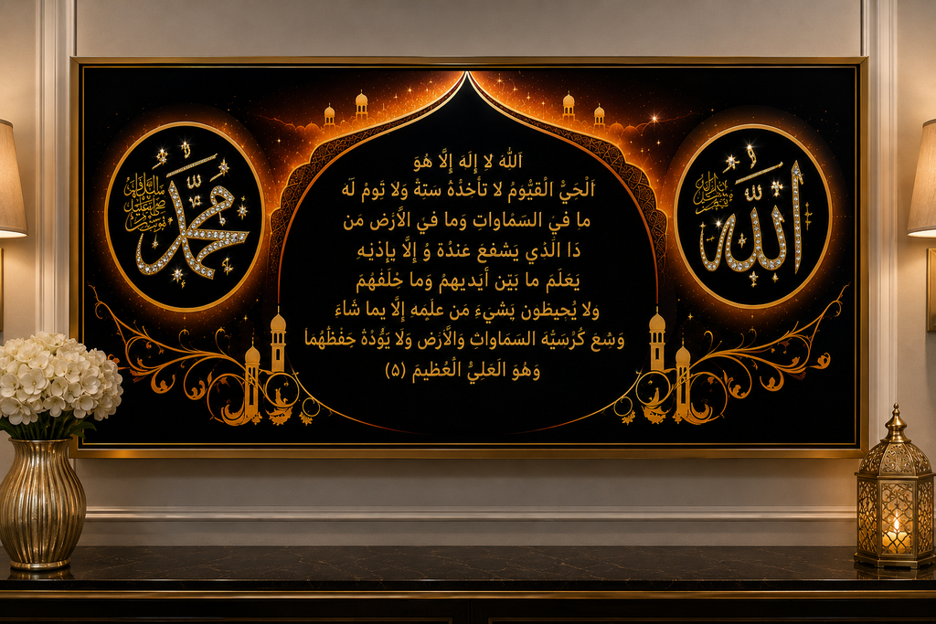Luxury Ayatul Kursi Islamic Wall Art – Black Diamond Crystal Porcelain Painting (50 × 100 cm)